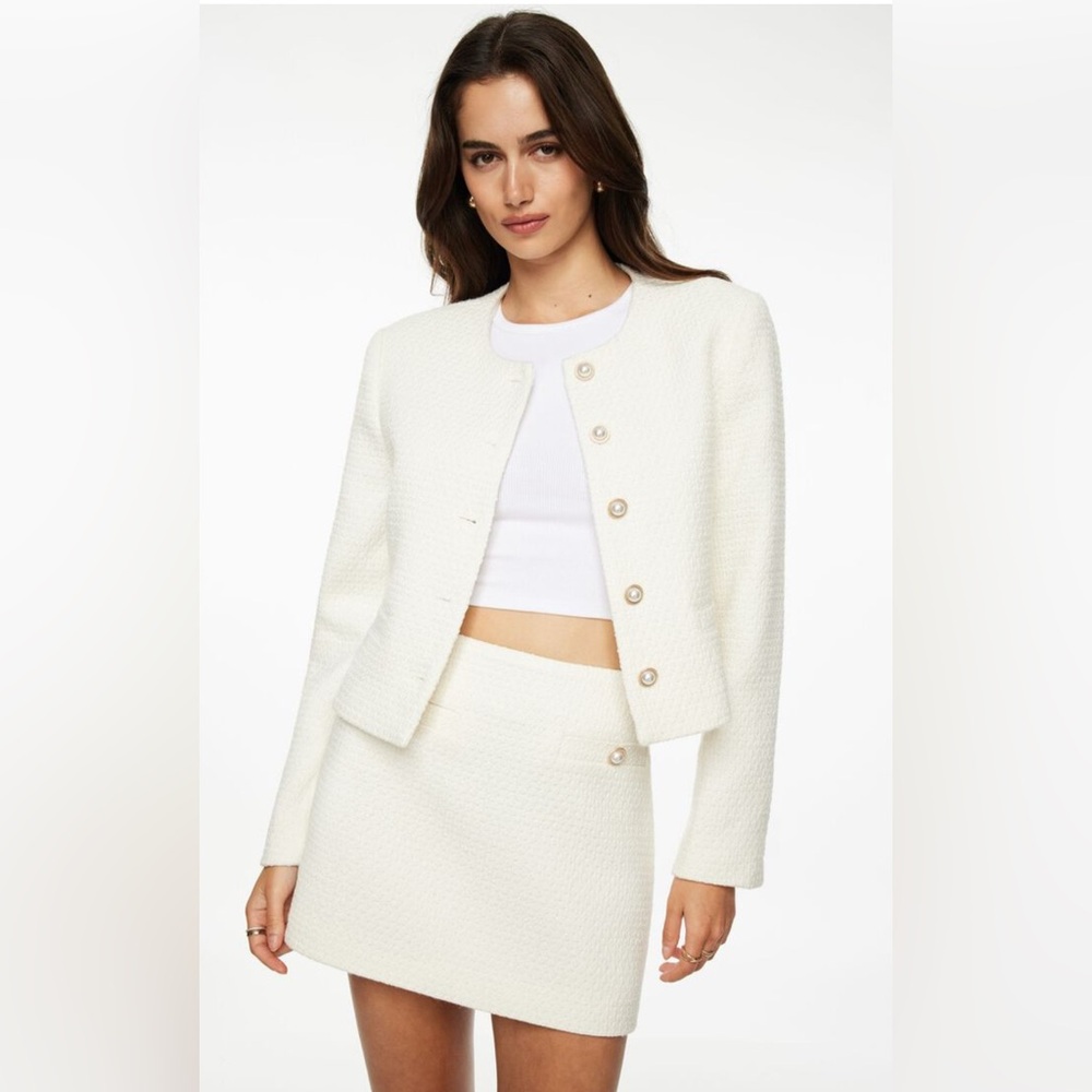 Dynamite Cream Textured Cropped Blazer and Skirt Set